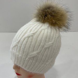 Knit Cable Beanie with Real Fox Fur Pom